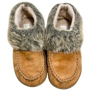 Kooba Faux Fur Ankle Stitch Front Slippers Micro Suede Brown Tan Warm Cozy Slide